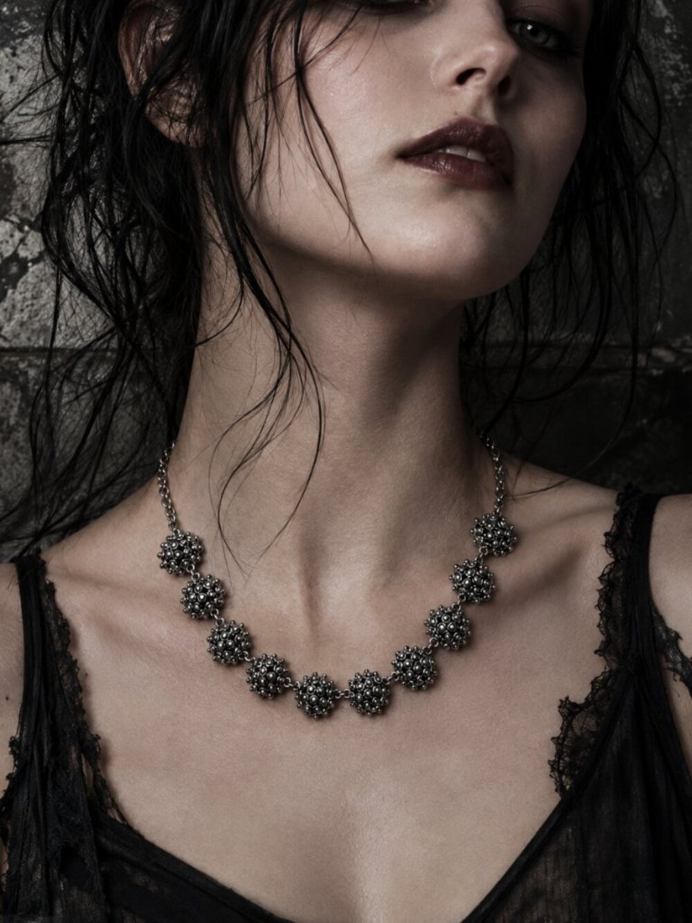 Witchy Metal Grunge Goth Silver-Tone Beaded Statement Necklace